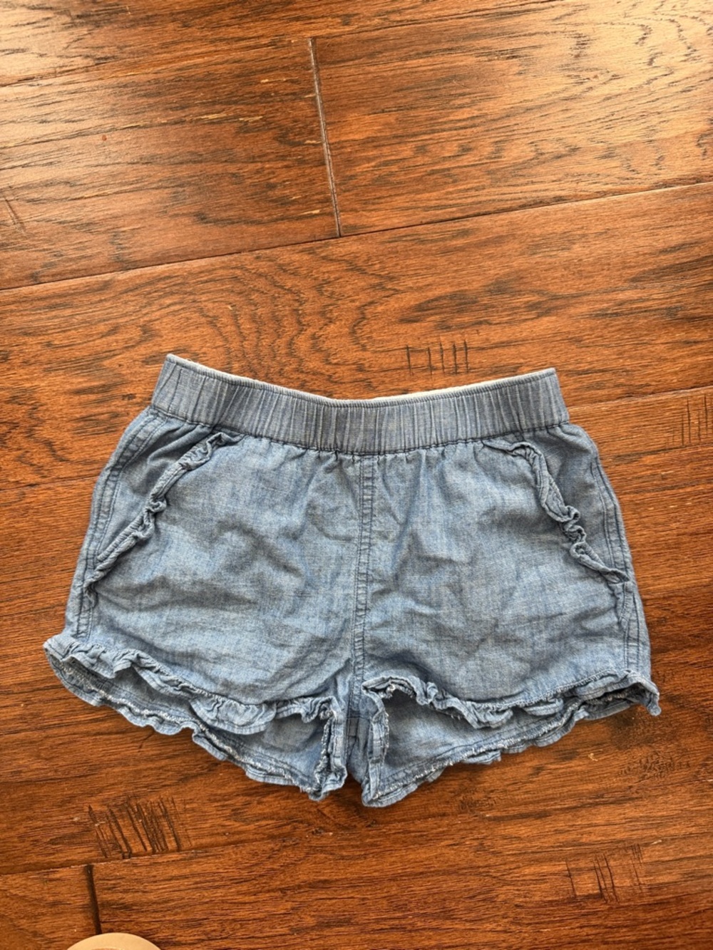 J. crew Crewcut Chambray Ruffle Hem Elastic Waist Shorts - Light Blue.